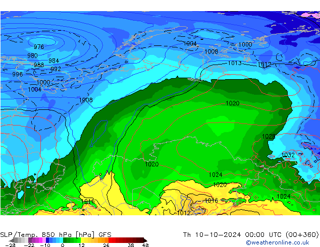 SLP/Temp. 850 hPa GFS Čt 10.10.2024 00 UTC