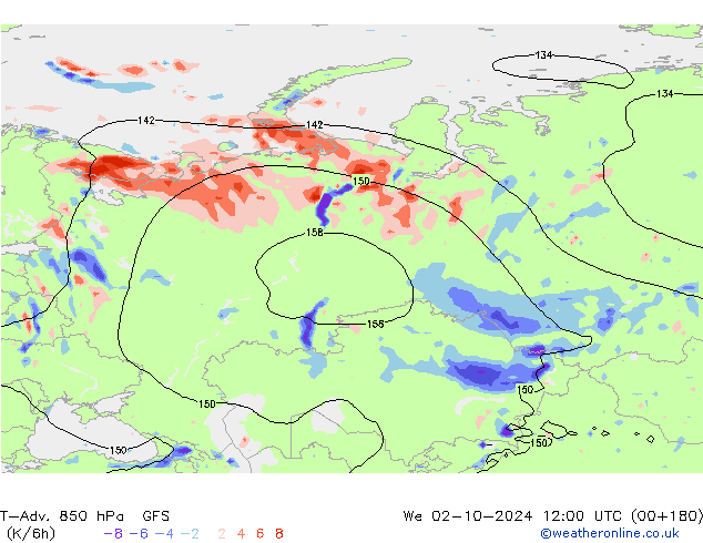 T-Adv. 850 hPa GFS We 02.10.2024 12 UTC