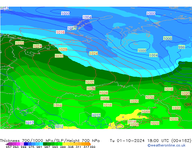 Thck 700-1000 hPa GFS Tu 01.10.2024 18 UTC