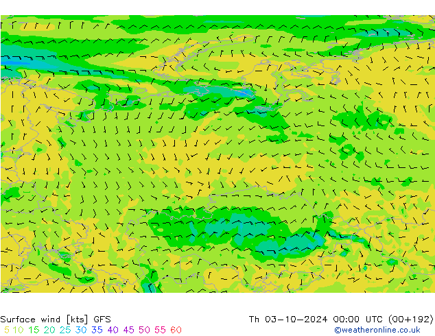 Vento 10 m GFS gio 03.10.2024 00 UTC