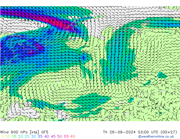 wiatr 900 hPa GFS czw. 26.09.2024 03 UTC