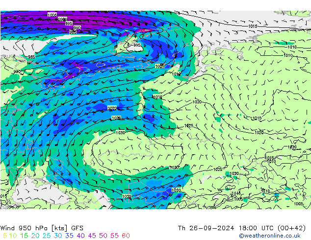 Vento 950 hPa GFS gio 26.09.2024 18 UTC