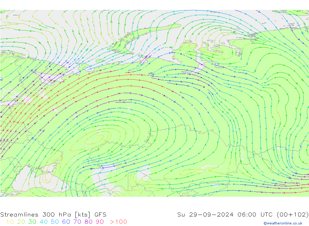 Ligne de courant 300 hPa GFS dim 29.09.2024 06 UTC