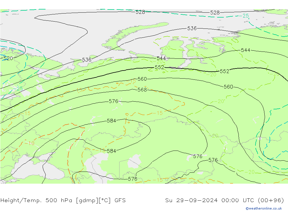 Height/Temp. 500 hPa GFS dom 29.09.2024 00 UTC