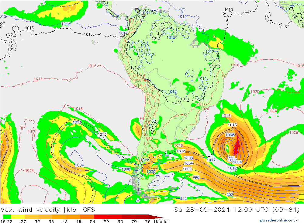 Max. wind velocity GFS sáb 28.09.2024 12 UTC