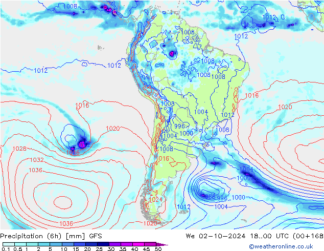 Precipitación (6h) GFS mié 02.10.2024 00 UTC