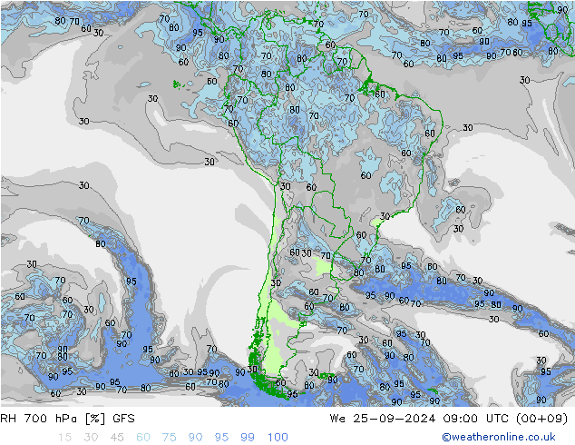 RH 700 hPa GFS We 25.09.2024 09 UTC