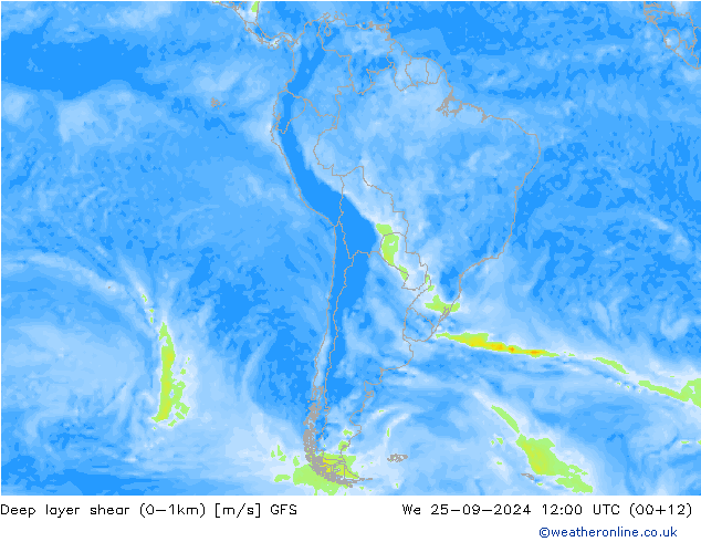 Deep layer shear (0-1km) GFS Çar 25.09.2024 12 UTC