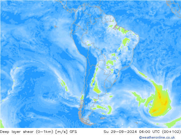 Deep layer shear (0-1km) GFS nie. 29.09.2024 06 UTC