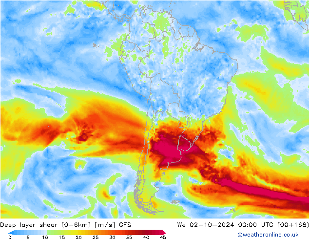 Deep layer shear (0-6km) GFS We 02.10.2024 00 UTC