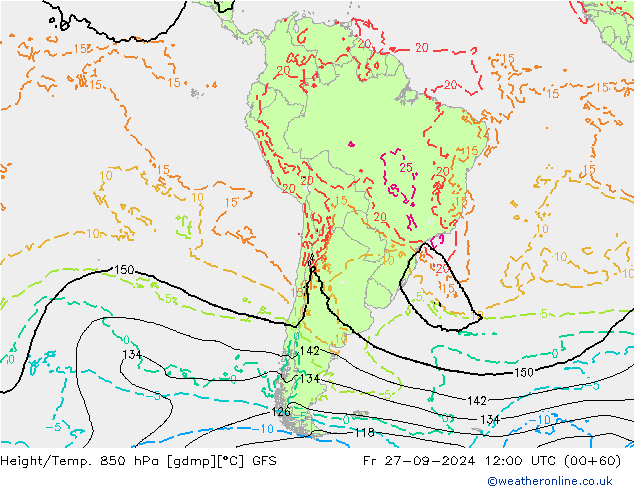 Height/Temp. 850 hPa GFS ven 27.09.2024 12 UTC