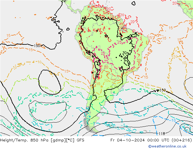 Géop./Temp. 850 hPa GFS ven 04.10.2024 00 UTC