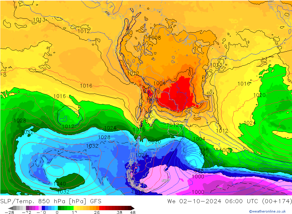 SLP/Temp. 850 hPa GFS mer 02.10.2024 06 UTC