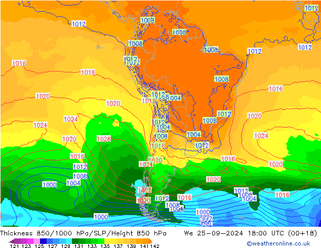 Thck 850-1000 hPa GFS śro. 25.09.2024 18 UTC