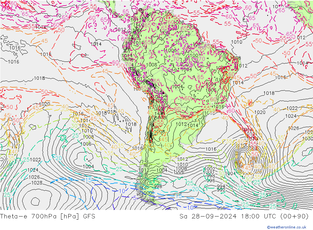 Theta-e 700hPa GFS Sa 28.09.2024 18 UTC