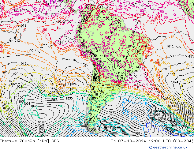 Theta-e 700hPa GFS Th 03.10.2024 12 UTC