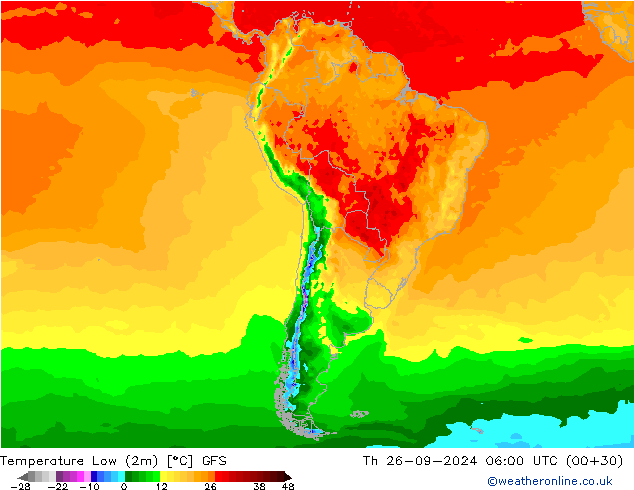 Temp. minima (2m) GFS gio 26.09.2024 06 UTC