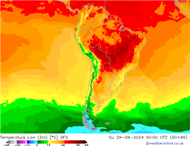 température 2m min GFS dim 29.09.2024 00 UTC