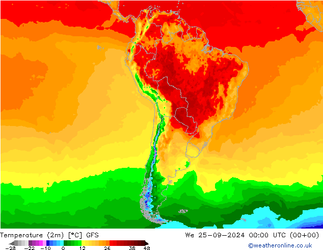 mapa temperatury (2m) GFS śro. 25.09.2024 00 UTC