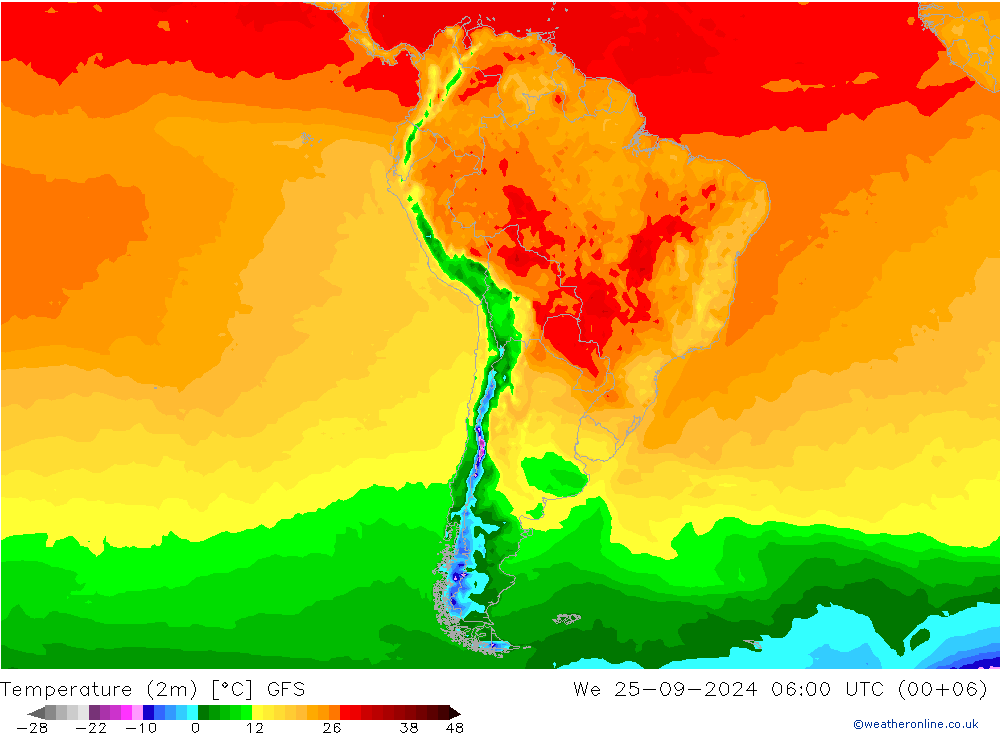 Temperatura (2m) GFS mié 25.09.2024 06 UTC