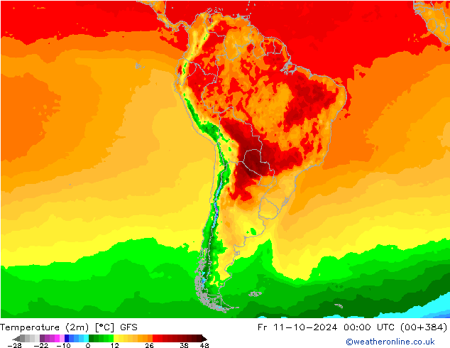 Temperatura (2m) GFS ven 11.10.2024 00 UTC