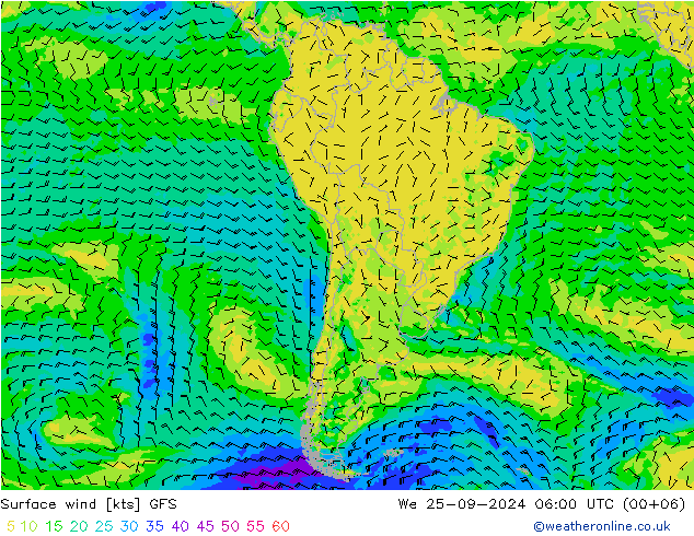 Prec 6h/Wind 10m/950 GFS mié 25.09.2024 06 UTC