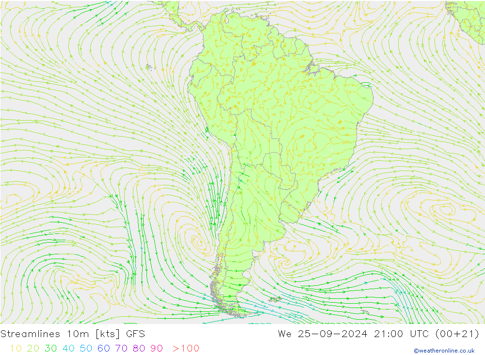 Stroomlijn 10m GFS wo 25.09.2024 21 UTC