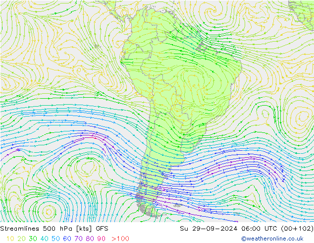 Línea de corriente 500 hPa GFS dom 29.09.2024 06 UTC