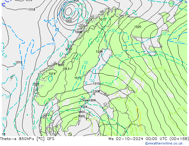 Theta-e 850hPa GFS We 02.10.2024 00 UTC