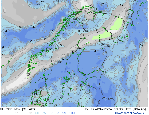 RH 700 гПа GFS пт 27.09.2024 00 UTC