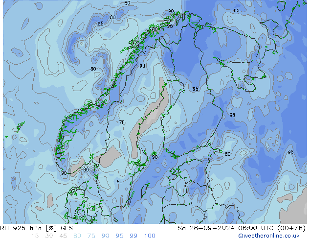 RH 925 гПа GFS сб 28.09.2024 06 UTC