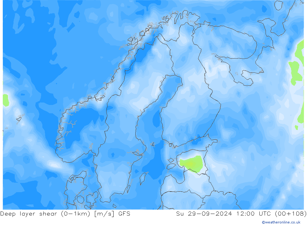 Deep layer shear (0-1km) GFS dom 29.09.2024 12 UTC