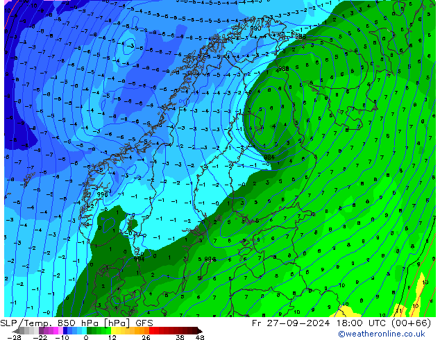 SLP/Temp. 850 hPa GFS pt. 27.09.2024 18 UTC