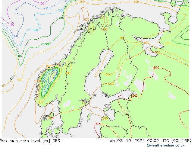 Wet bulb zero level GFS ср 02.10.2024 00 UTC