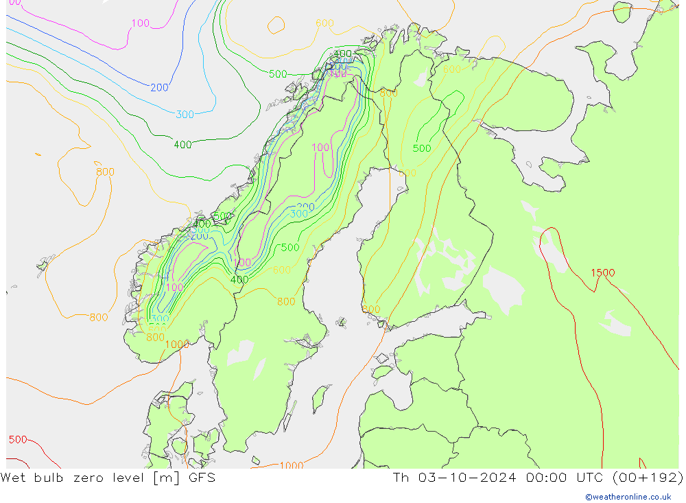 Wet bulb zero level GFS Th 03.10.2024 00 UTC