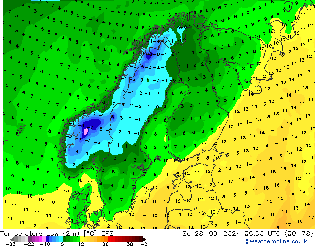 Temperature Low (2m) GFS Sa 28.09.2024 06 UTC