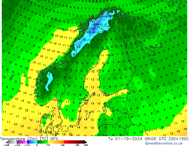 Temperatura (2m) GFS mar 01.10.2024 06 UTC