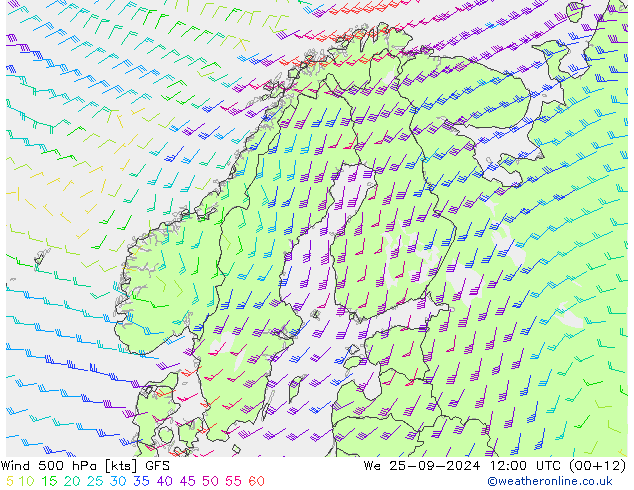 wiatr 500 hPa GFS śro. 25.09.2024 12 UTC