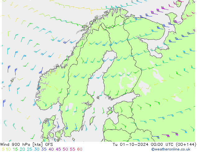 Wind 900 hPa GFS di 01.10.2024 00 UTC