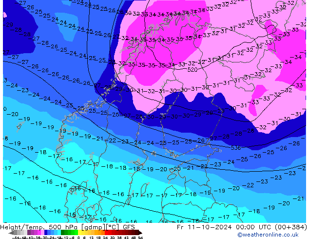 Z500/Rain (+SLP)/Z850 GFS Fr 11.10.2024 00 UTC