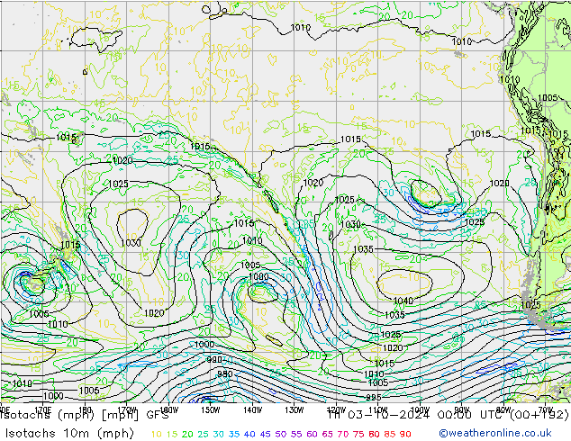 Isotachs (mph) GFS Th 03.10.2024 00 UTC