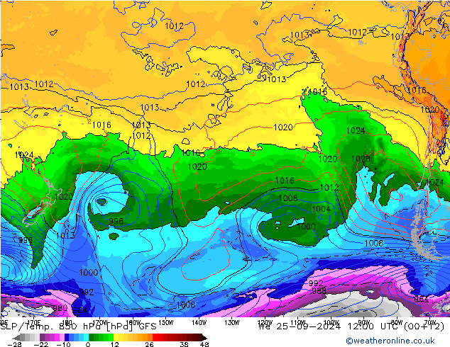 SLP/Temp. 850 hPa GFS mer 25.09.2024 12 UTC