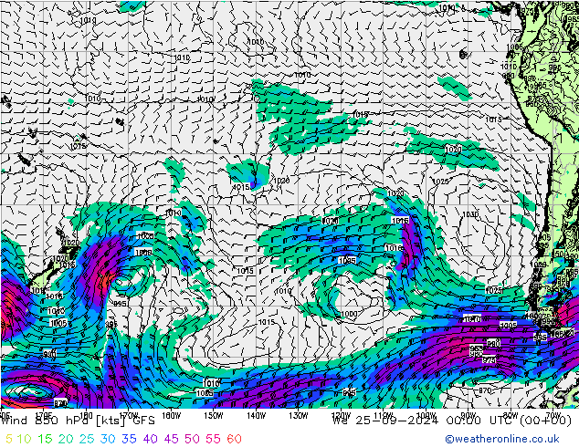 Vent 850 hPa GFS mer 25.09.2024 00 UTC