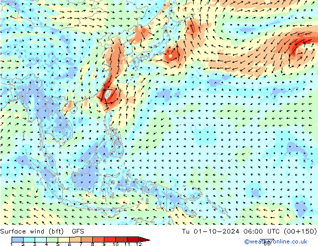  10 m (bft) GFS  01.10.2024 06 UTC