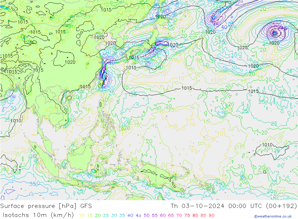 Isotachs (kph) GFS jeu 03.10.2024 00 UTC