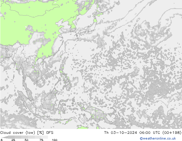 Cloud cover (low) GFS Th 03.10.2024 06 UTC