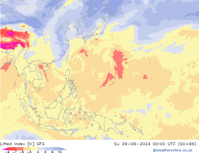 Lifted Index GFS  29.09.2024 00 UTC