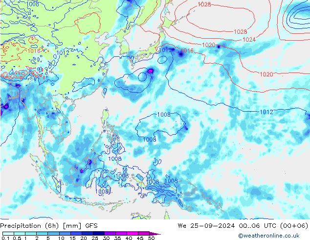 Précipitation (6h) GFS mer 25.09.2024 06 UTC