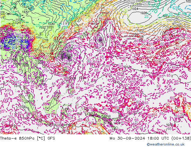 Theta-e 850hPa GFS pon. 30.09.2024 18 UTC