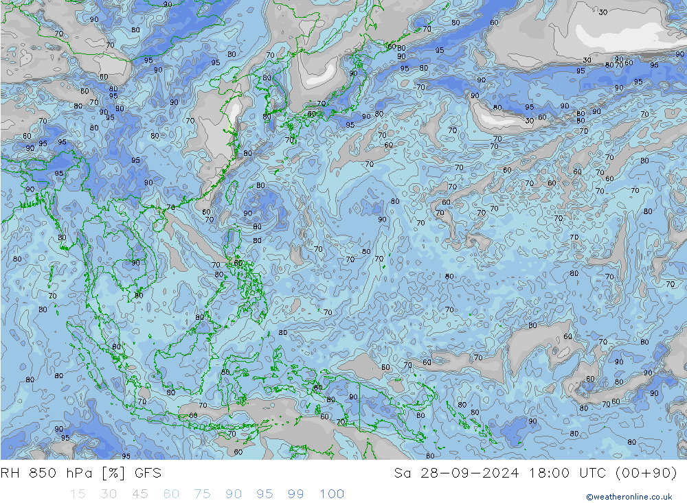 RH 850 hPa GFS Sa 28.09.2024 18 UTC